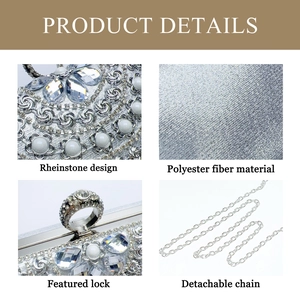 Detailed views of floral rhinestones, silver polyester fabric and detachable metal chain