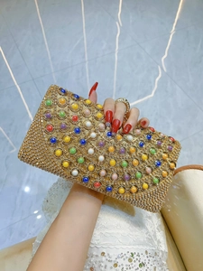 Luxury Gold Evening Clutch Bag With Rhinestone And Colorful Gemstones Metal Ring Clasp Box Purse For Women Party Dinner