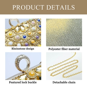 Macro view of crystal rhinestones and detachable gold chain on luxury evening clutch