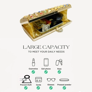 Detail of colorful gemstone evening bag interior showing storage for phone and lipstick