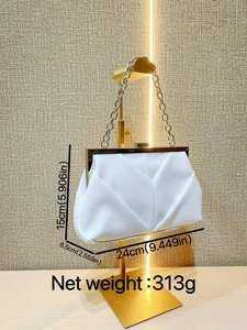 White pleated evening clutch bag with silver chain strap and metal frame closure