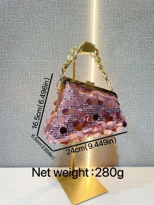 Pink sequin evening bag with gold chain handle and vintage metal frame, 24x16.5cm size