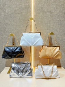 Elegant pleated evening clutches with metallic chain straps in five assorted colors