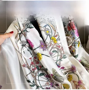 Macro detail of breathable silk square scarf with colorful floral print and soft texture