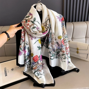Women Floral Print Scarf Shawl Faux Satin Elegant Lightweight Breathable Wrap Fashion Neckwear Decorative Accessories