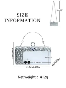 Elegant beaded evening clutch bag with size chart, metal clasp, and smartphone capacity view