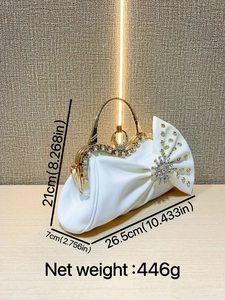 Borsa da sera bianca a pieghe con fiocco di strass oversize e manico in metallo oro