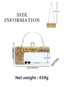 Chic gold evening clutch bag with colorful rhinestones and size details on white background
