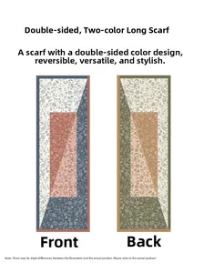 Detailed view of a reversible long scarf with floral print and two-sided color splicing