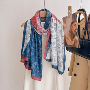 Women Elegant Polyester Satin Scarf Double Sided Patchwork Plant Print Lightweight Summer Sunscreen Beach Shawl Accessory