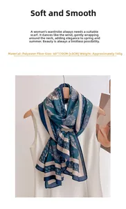 Detail of teal floral stripe scarf draped on mannequin showing material and size info