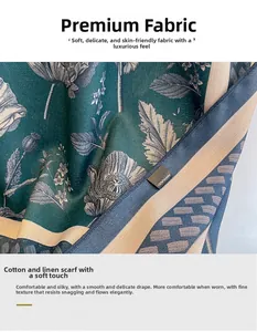 Detailed view of dark green floral scarf with twill texture and 100% polyester fabric