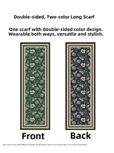 Detail of double-sided long scarf showing dark green and blue floral pattern contrast