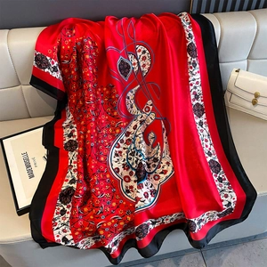 Vintage floral silk beach shawl with red border and intricate Persian pattern
