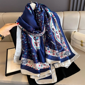Vintage floral silk beach shawl with navy blue print and geometric patterns for summer sun protection