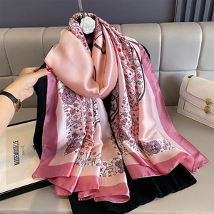Vintage floral summer beach shawl and lightweight printed silk scarf for women in pink