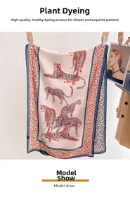 Detail of pink leopard print scarf with realistic leopard motifs and blue border