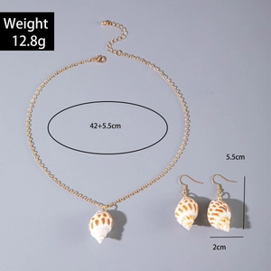 Detailed size view of gold shell pendant necklace and earrings with weight and length specs