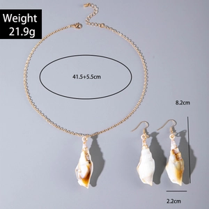 Detailed size view of natural shell necklace and long earrings set with gold finish