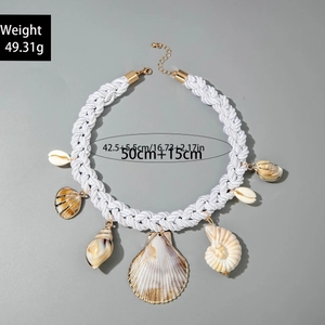 Bohemian white woven rope necklace featuring natural sea shells and starfish pendants