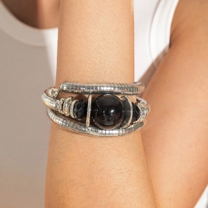 Multi Layer Wrap Around Bracelet With Iron Snake Bone Chain And Large Black Polished Bead Minimalist Retro Style For Men