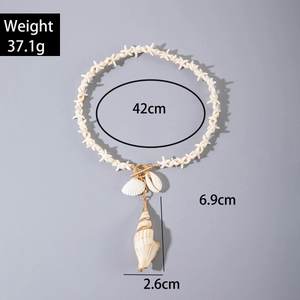 Bohemian shell necklace detail with starfish pendants and dimensions 42cm length