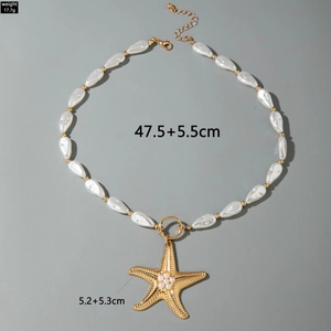Macro view of Bohemian starfish pendant necklace with pearls and detailed dimensions