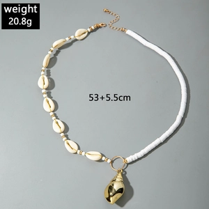 Detail of bohemian shell necklace showing dimensions 53cm and weight 20.8g accurately
