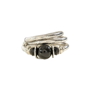 Retro multi-layer silver metal coil bracelet with black beads in a vintage snake style