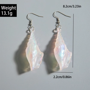 Detailed dimensions of iridescent shell earrings showing 8.2cm length and 2.2cm width
