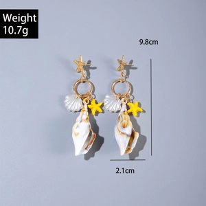 Detail view of starfish and seashell drop earrings showing 9.8cm length and dimensions