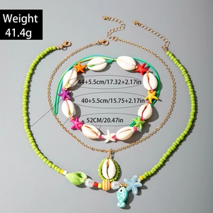 Three-layer bohemian starfish and seashell beaded necklace set with size and weight specs