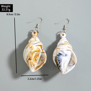 Detailed view of oversized marble-textured shell earrings with weight and size data