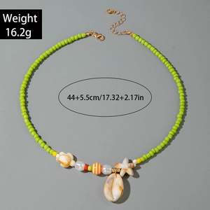 Detail of beaded sea shell necklace with starfish charms, 44cm plus extension chain