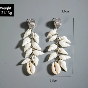 Detail view of long starfish shell earrings with 9.7cm length and 21.13g weight specs