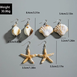 Detailed dimensions of 3-pair shell and starfish beach earrings set with weight specs