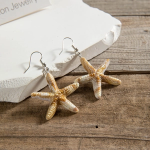 Detailed view of starfish earrings featuring realistic texture and silver fishhook wires