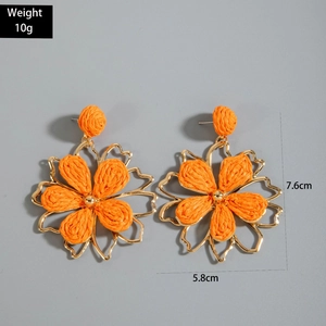 Detailed view of woven raffia earrings showing 7.6cm length and 10g lightweight design