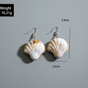 Detailed view of beach style acrylic shell earrings with dimensions 5.4cm by 3.2cm