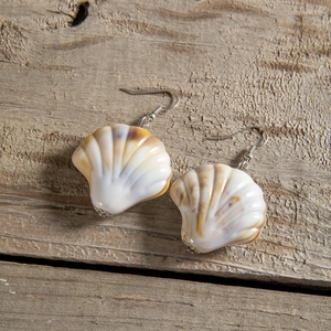 Detail of seashell drop earrings with natural pearlescent texture on a wooden background