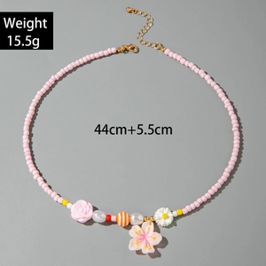 Pink beaded ocean necklace details showing 44cm+5.5cm size and 15.5g weight measurement
