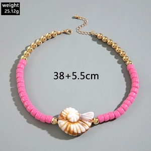 Detail of pink beaded necklace with spiral shell pendant showing 38+5.5cm length