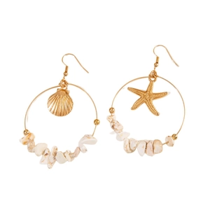 Retro Boho-Ohrringe mit Seestern, Muschel und weißen Kieselsteinen in Gold-Finish