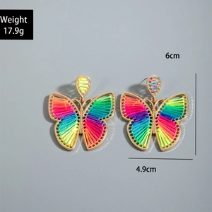 Macro shot of colorful woven butterfly earrings showing size 6cm and weight 17.9g