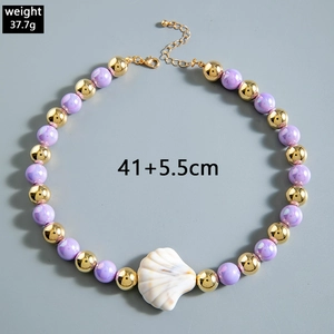Detail of beaded shell necklace featuring purple pearls and 37.7g weight specification