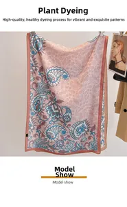 Detail of luxury paisley floral print scarf featuring plant-based dyeing and rolled edges