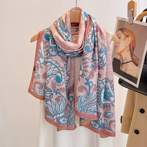 Women Vintage Paisley Floral Print Scarf Elegant Lightweight Satin Polyester Shawl Wrap For Lady Daily Fashion Accessories Pink