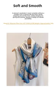 Detail of floral printed scarf in blue and white, polyester fabric, 60x170cm size