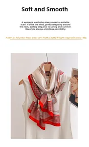 Detail of elegant printed silk scarf on hanger, 60x170cm polyester fabric with horse motif