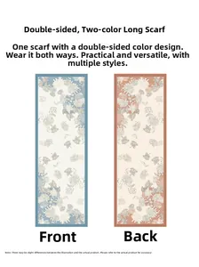 Detail view showing dual-sided floral print scarf in contrasting orange and blue tones